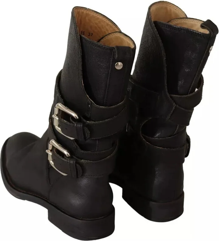 Black Leather Buckle Mid Calf Boots Women's Shoes (Pre-Owned) - Image 5