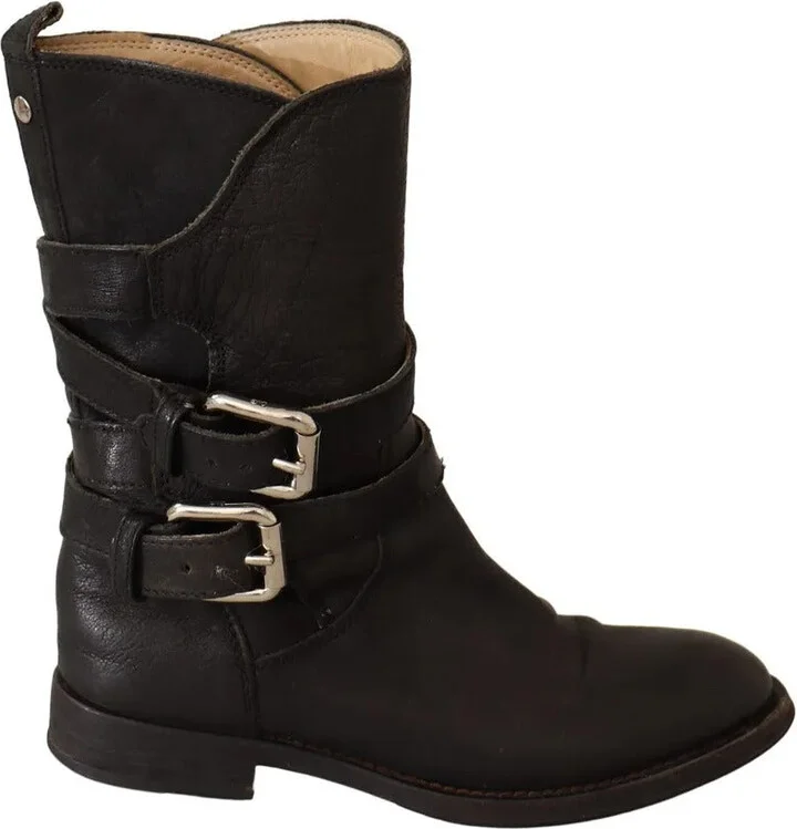Black Leather Buckle Mid Calf Boots Women's Shoes (Pre-Owned)