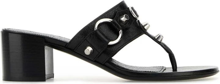 Black Leather City Thong Mules