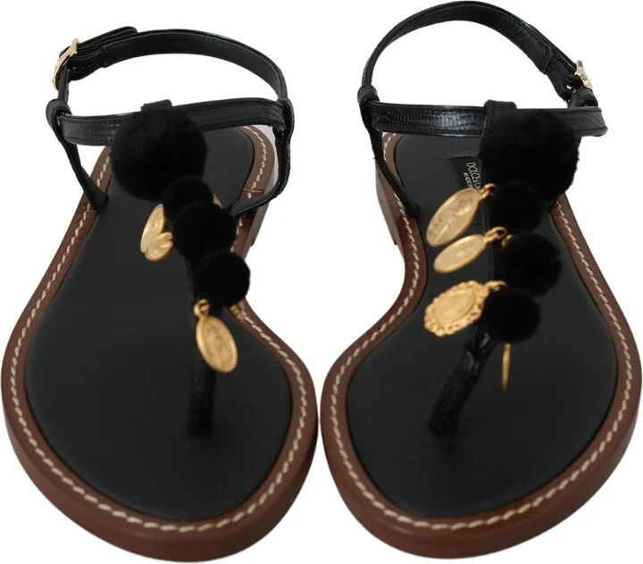 Black Leather Coins Flip Flops Sandals Women's Shoes - Image 2