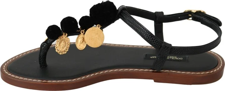 Black Leather Coins Flip Flops Sandals Women's Shoes - Image 3