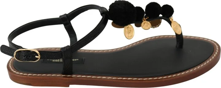 Black Leather Coins Flip Flops Sandals Women's Shoes