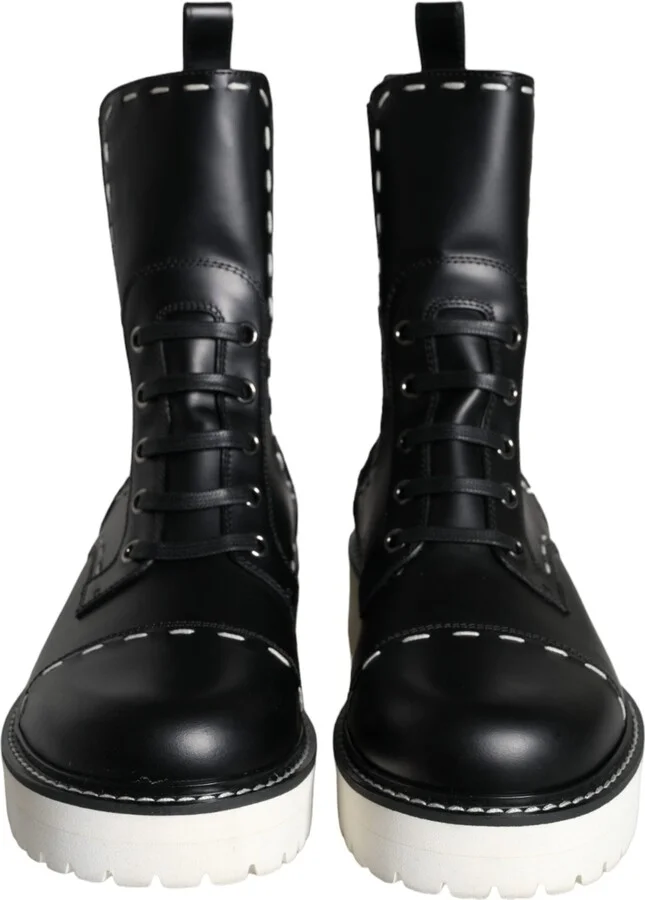 Black Leather Combat Mid Calf Boots Women's Shoes - Image 2