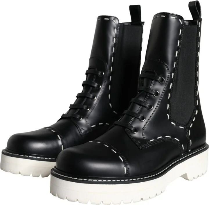 Black Leather Combat Mid Calf Boots Women's Shoes - Image 3