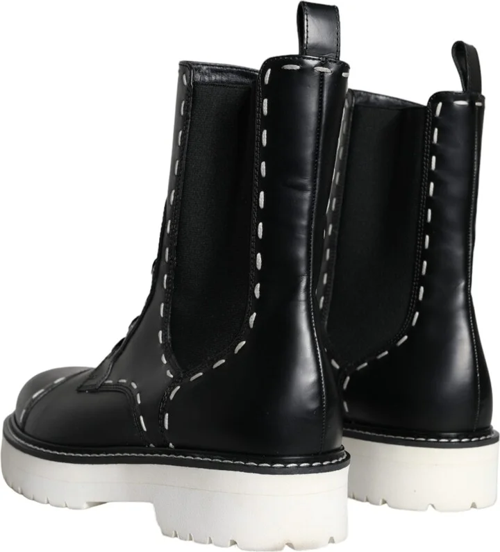 Black Leather Combat Mid Calf Boots Women's Shoes - Image 4