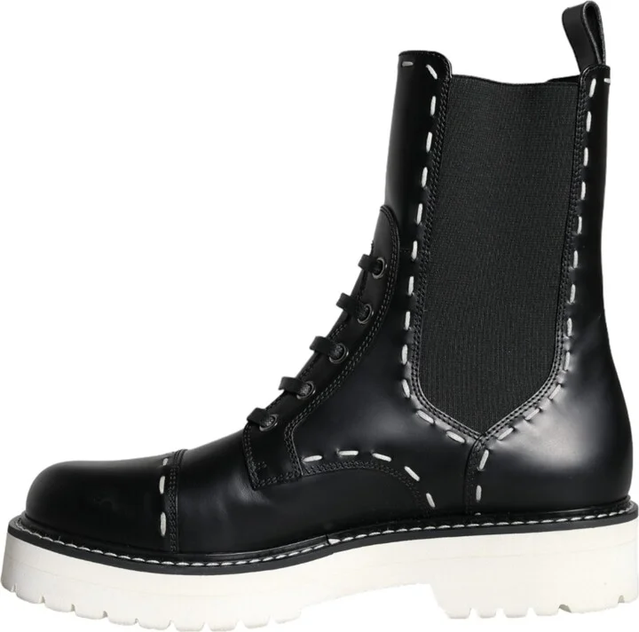 Black Leather Combat Mid Calf Boots Women's Shoes - Image 5