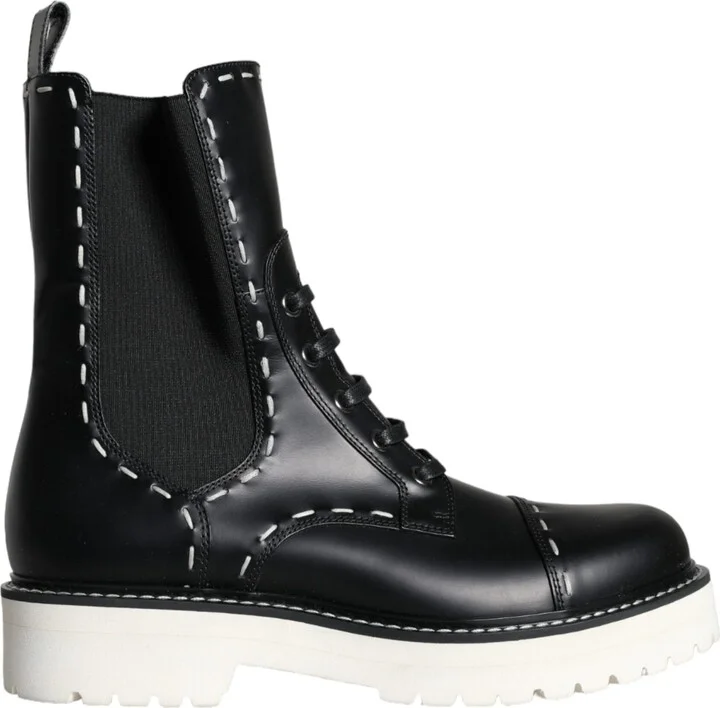 Black Leather Combat Mid Calf Boots Women's Shoes