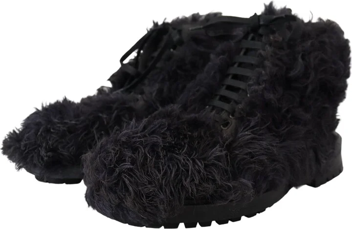 Black Leather Combat Shearling Boots Men's Shoes - Image 2