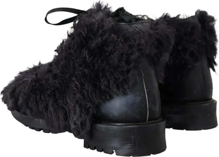 Black Leather Combat Shearling Boots Men's Shoes - Image 3