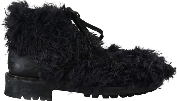 Black Leather Combat Shearling Boots Men's Shoes
