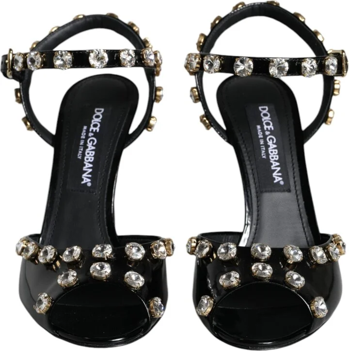 Black Leather Crystal Ankle Strap Sandals Women's Shoes - Image 2