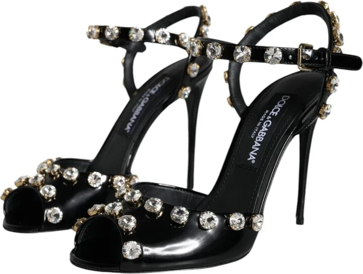 Black Leather Crystal Ankle Strap Sandals Women's Shoes - Image 3