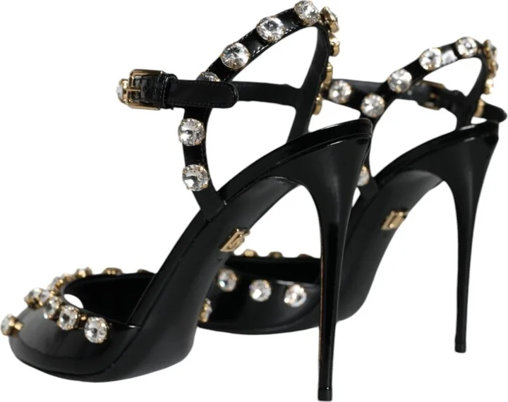 Black Leather Crystal Ankle Strap Sandals Women's Shoes - Image 4