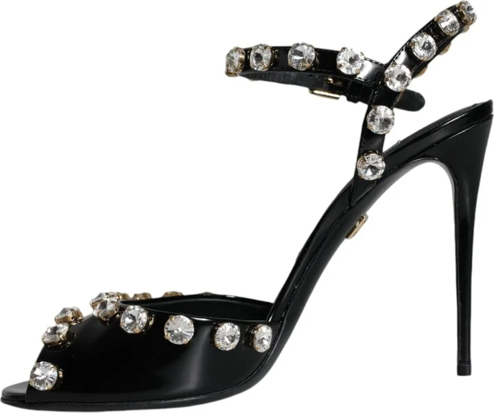 Black Leather Crystal Ankle Strap Sandals Women's Shoes - Image 5