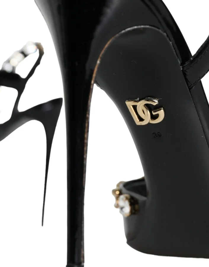 Black Leather Crystal Ankle Strap Sandals Women's Shoes - Image 6