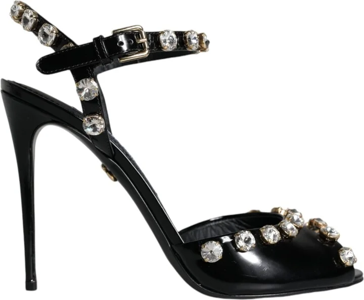 Black Leather Crystal Ankle Strap Sandals Women's Shoes