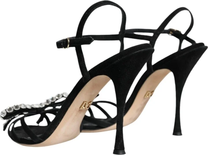 Black Leather Crystal Bow Heels Sandals Women's Shoes (Pre-Owned) - Image 4