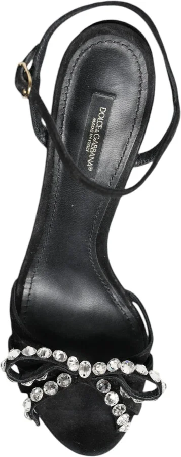 Black Leather Crystal Bow Heels Sandals Women's Shoes (Pre-Owned) - Image 6