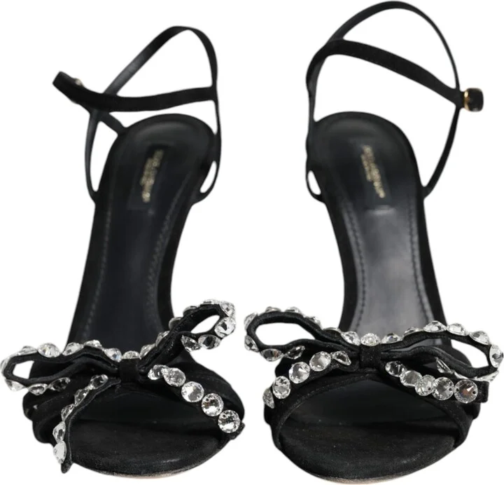 Black Leather Crystal Bow Heels Sandals Women's Shoes (Pre-Owned) - Image 2