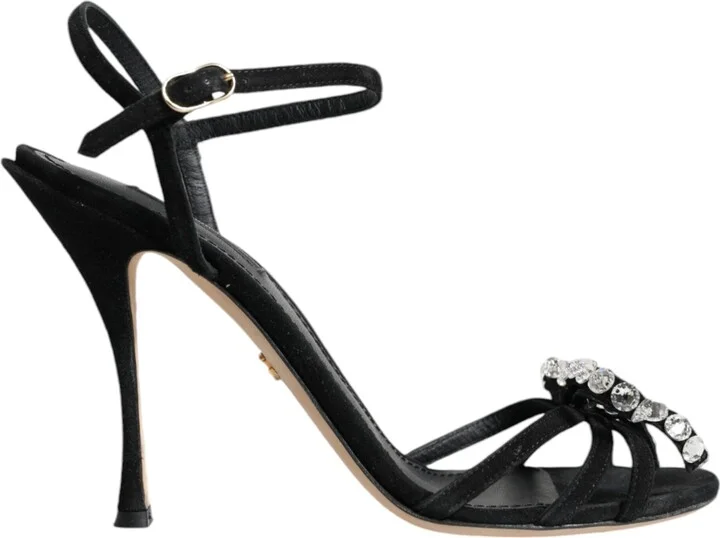 Black Leather Crystal Bow Heels Sandals Women's Shoes (Pre-Owned)