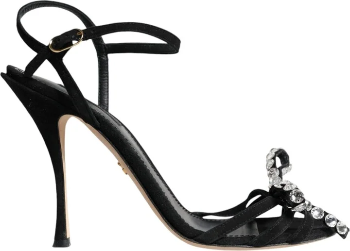 Black Leather Crystal Bow Heels Sandals Women's Shoes (Pre-Owned)