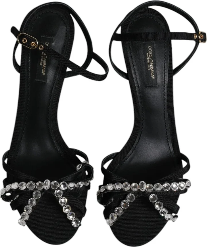 Black Leather Crystal Bow KEIRA Sandals Women's Shoes (Pre-Owned) - Image 3
