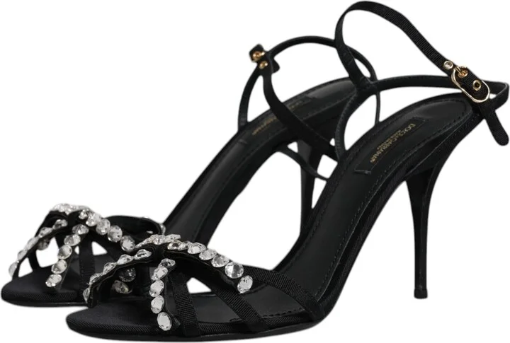 Black Leather Crystal Bow KEIRA Sandals Women's Shoes (Pre-Owned) - Image 4