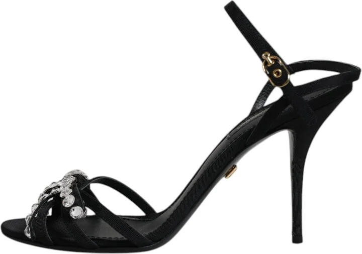 Black Leather Crystal Bow KEIRA Sandals Women's Shoes (Pre-Owned) - Image 6
