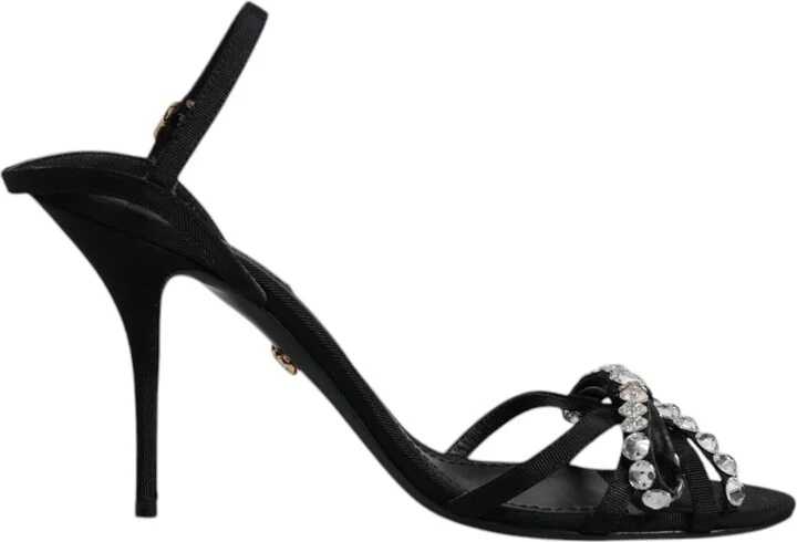 Black Leather Crystal Bow KEIRA Sandals Women's Shoes (Pre-Owned)