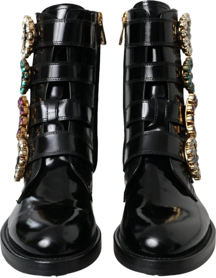 Black Leather Crystal Buckles Boots Women's Shoes - Image 2