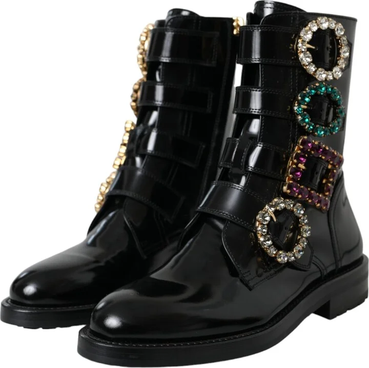 Black Leather Crystal Buckles Boots Women's Shoes - Image 3