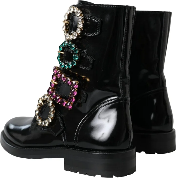 Black Leather Crystal Buckles Boots Women's Shoes - Image 4