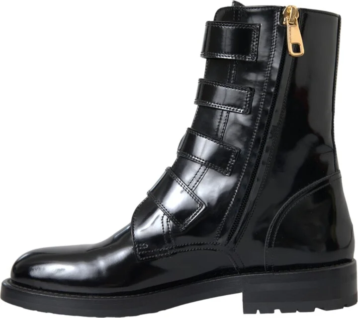 Black Leather Crystal Buckles Boots Women's Shoes - Image 5