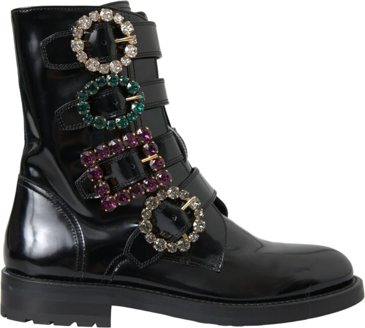 Black Leather Crystal Buckles Boots Women's Shoes
