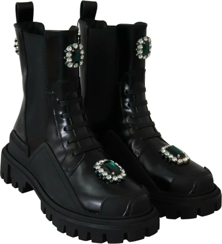 Black Leather Crystal Combat Women's Boots - Image 2