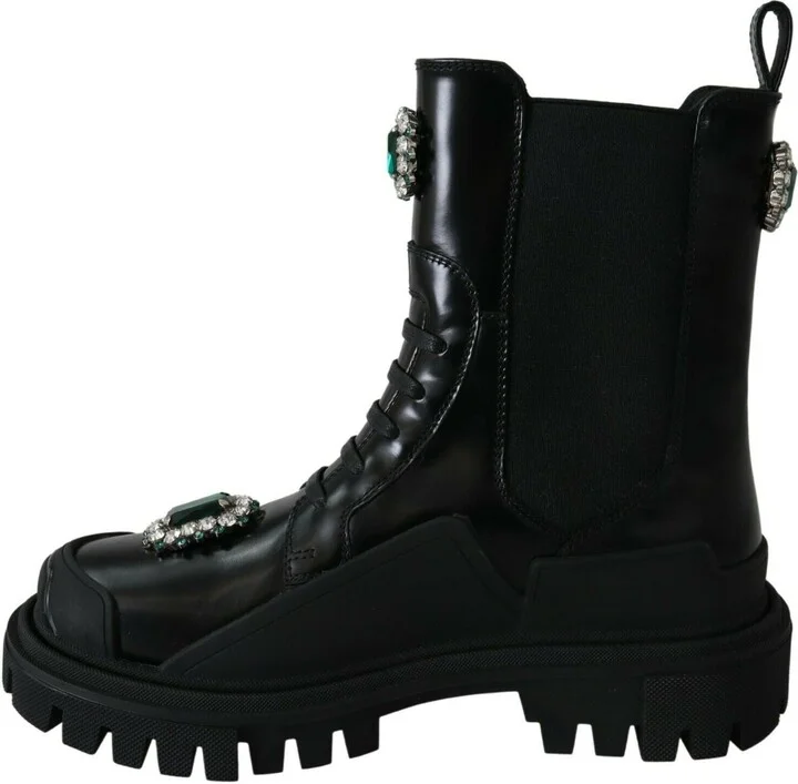 Black Leather Crystal Combat Women's Boots - Image 3