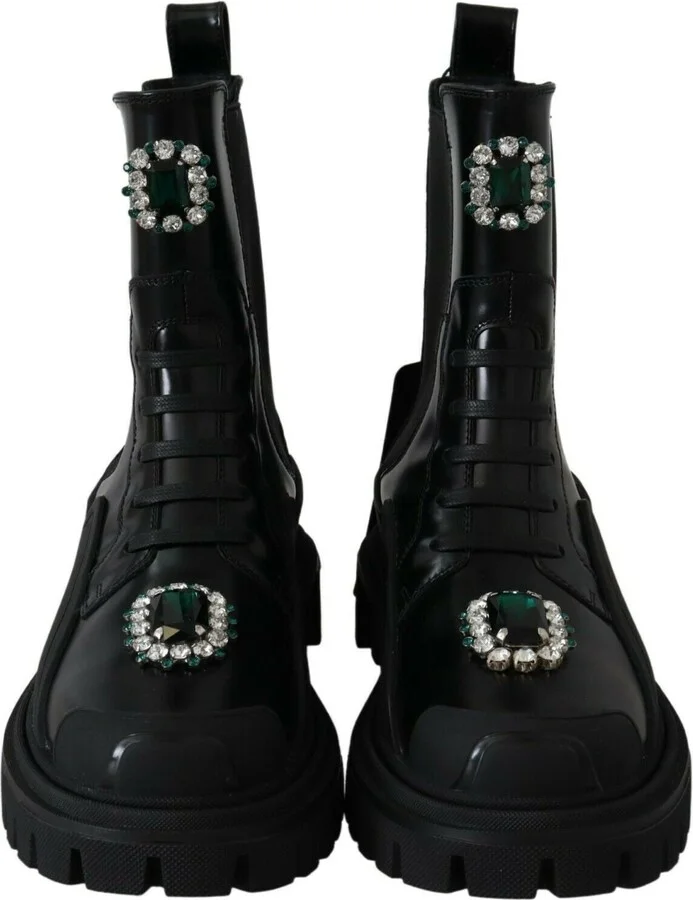 Black Leather Crystal Combat Women's Boots - Image 6