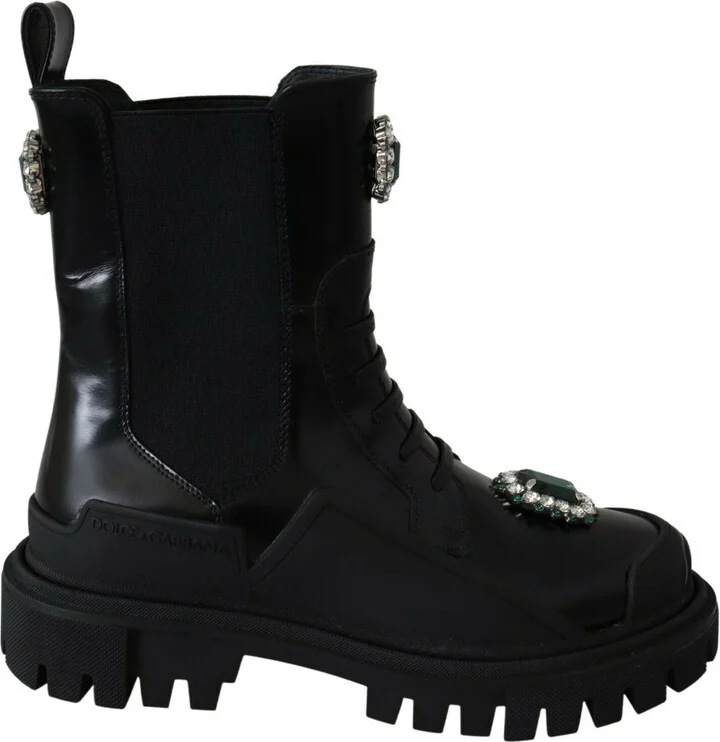 Black Leather Crystal Combat Women's Boots
