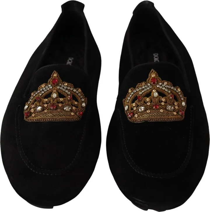 Black Leather Crystal Gold Crown Loafers Men's Shoes - Image 2