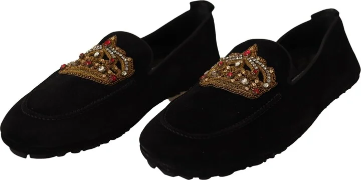 Black Leather Crystal Gold Crown Loafers Men's Shoes - Image 3