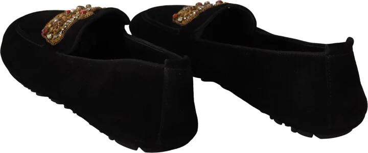 Black Leather Crystal Gold Crown Loafers Men's Shoes - Image 4