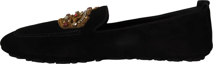 Black Leather Crystal Gold Crown Loafers Men's Shoes - Image 5