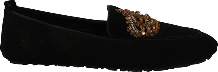 Black Leather Crystal Gold Crown Loafers Men's Shoes