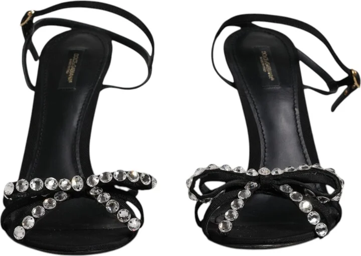 Black Leather Crystal Heels Sandals Women's Shoes (Pre-Owned) - Image 2