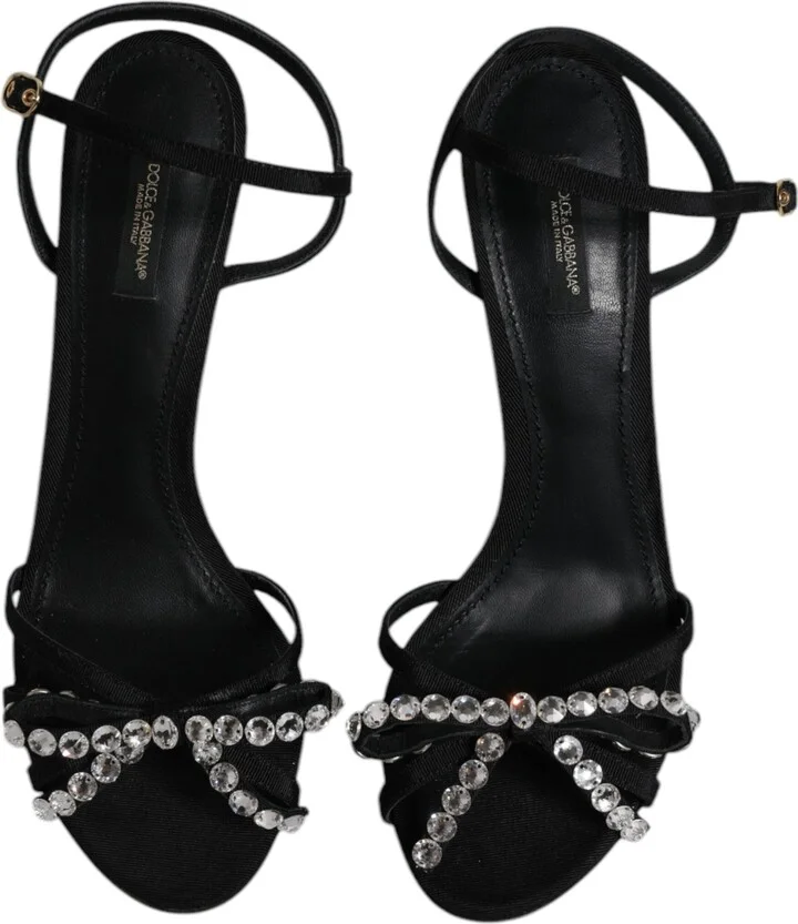 Black Leather Crystal Heels Sandals Women's Shoes (Pre-Owned) - Image 3