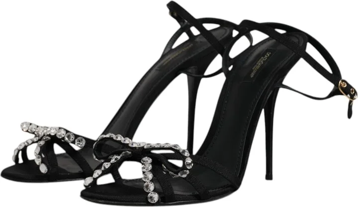 Black Leather Crystal Heels Sandals Women's Shoes (Pre-Owned) - Image 4