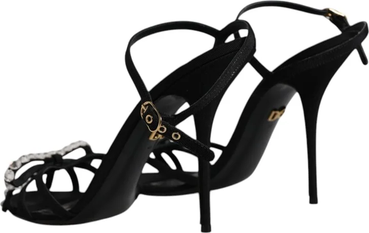 Black Leather Crystal Heels Sandals Women's Shoes (Pre-Owned) - Image 5
