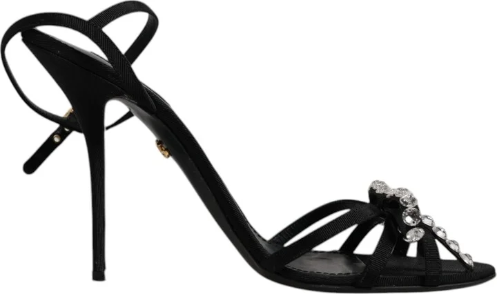 Black Leather Crystal Heels Sandals Women's Shoes (Pre-Owned)