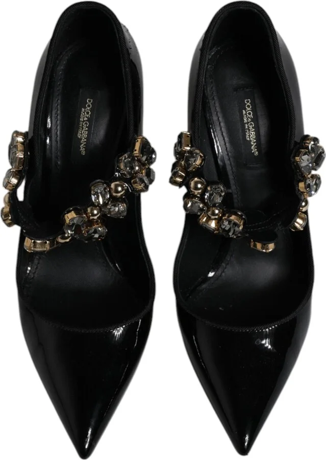 Black Leather Crystal Mary Jane Pumps Women's Shoes (Pre-Owned) - Image 3
