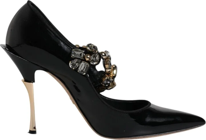 Black Leather Crystal Mary Jane Pumps Women's Shoes (Pre-Owned)